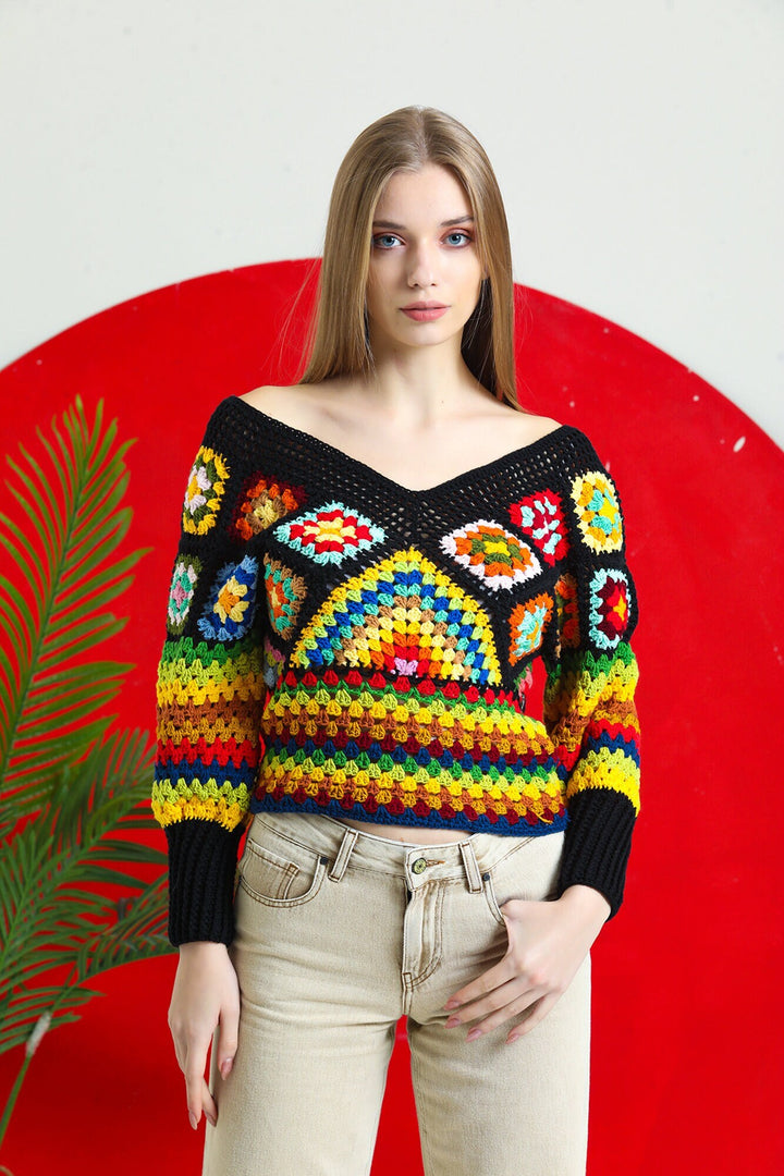 Colorful Knit Sweater, Crochet Granny Square Sweater, Crochet Top, Crochet Sweater for Women, Boho Style Sweater