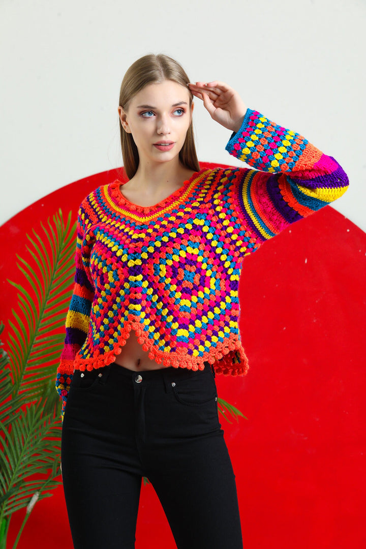 Ready to ship colorful Crochet Sweater, Knitted Granny Square Sweater, Crochet Top, Crochet Sweater for Women, Boho Style Sweater