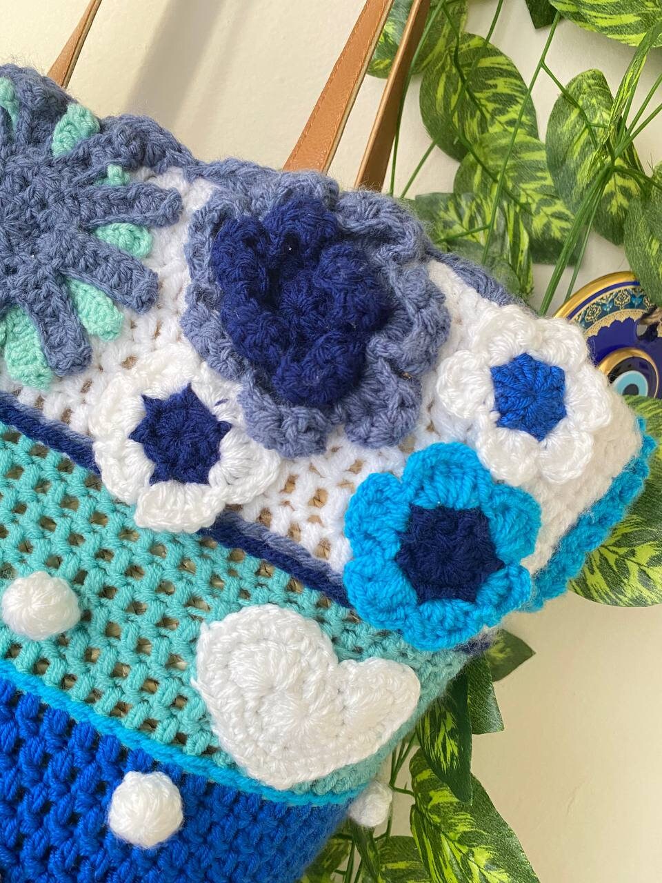 Blue Knitted Straw Floral Bag, Crochet Purse, Knit Daisy Colorful Bag, Crochet Straw, Hippie Bag, Summer Beach Bag, Christmas gift