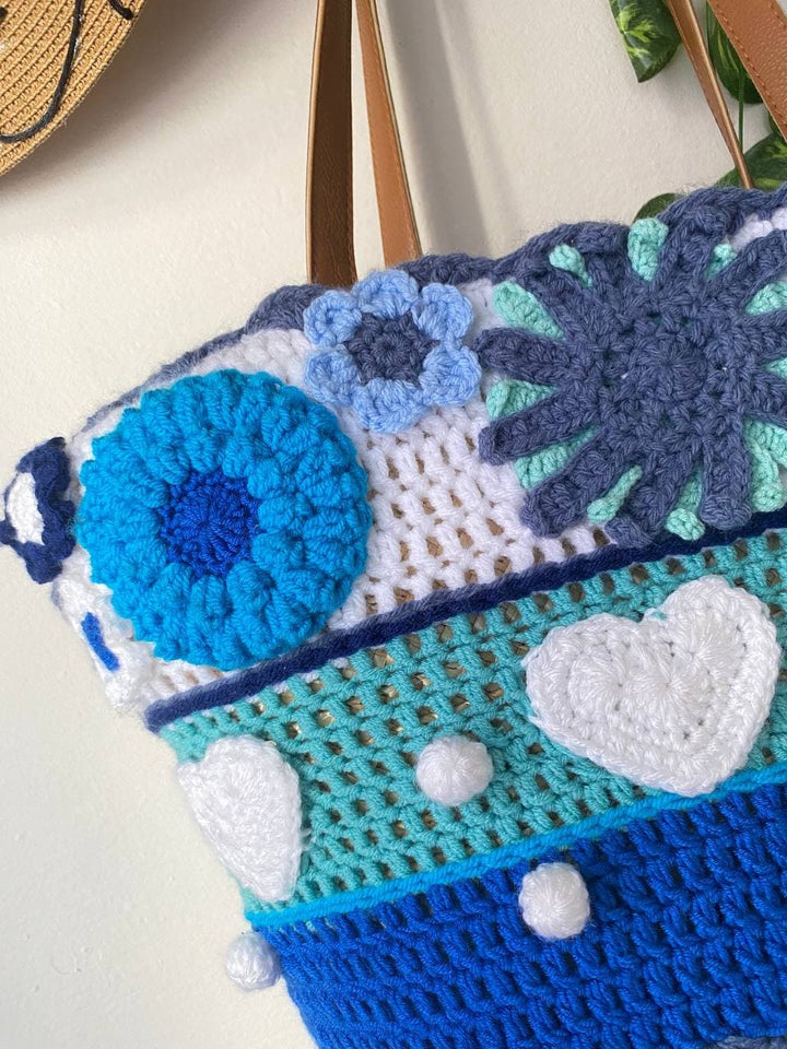 Blue Knitted Straw Floral Bag, Crochet Purse, Knit Daisy Colorful Bag, Crochet Straw, Hippie Bag, Summer Beach Bag, Christmas gift