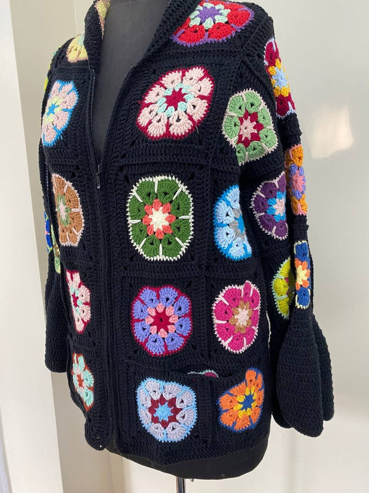 Black African Flowers Cardigan, Crochet Floral Patchwork Jacket, Knitted Crochet Coat, Hooded Jacket, Boho Cardigan, Oversized Sweater