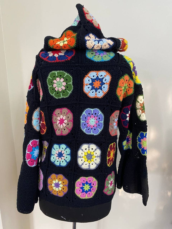 Black African Flowers Cardigan, Crochet Floral Patchwork Jacket, Knitted Crochet Coat, Hooded Jacket, Boho Cardigan, Oversized Sweater