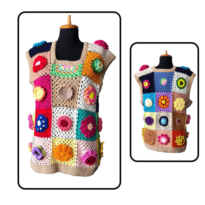 Crochet Vests, Granny Square Boho Top, Knitted Patchwork Sweater, Knitted Crochet, Boho Style Sweater, Hippie Festival