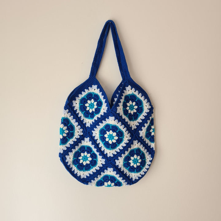 Blue Evil Eye Crochet Purse, Crochet African Flowers Bag, Knitted Summer Bag, Crochet Purse, Oversized Tote Bag, Woman Bag, Gift for Her