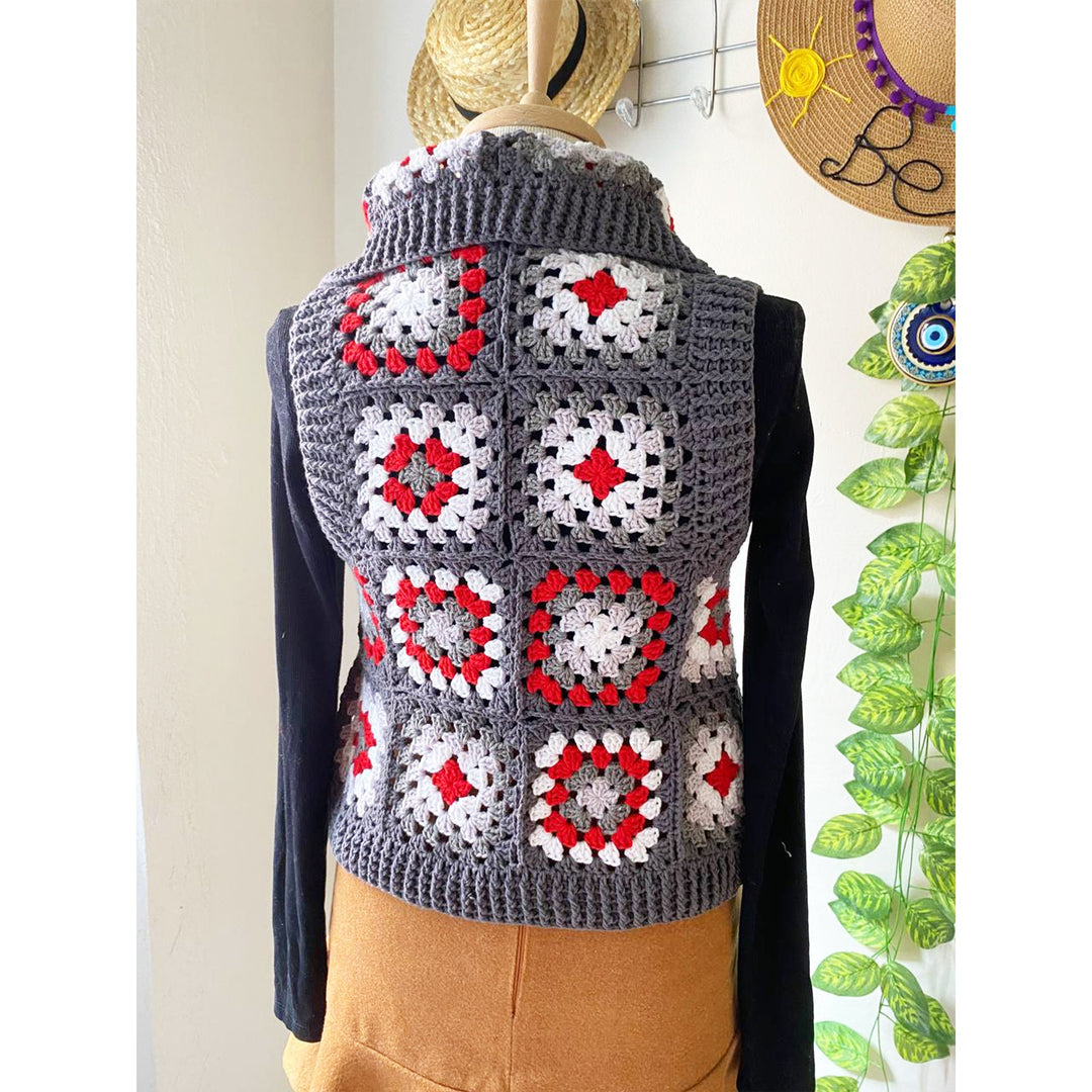 Gray Crochet Jacket, Knitted Granny Square Sweater, Knit Patchwork Coat, Knitted Crochet Jacket, Boho Cardigan, Women Dress