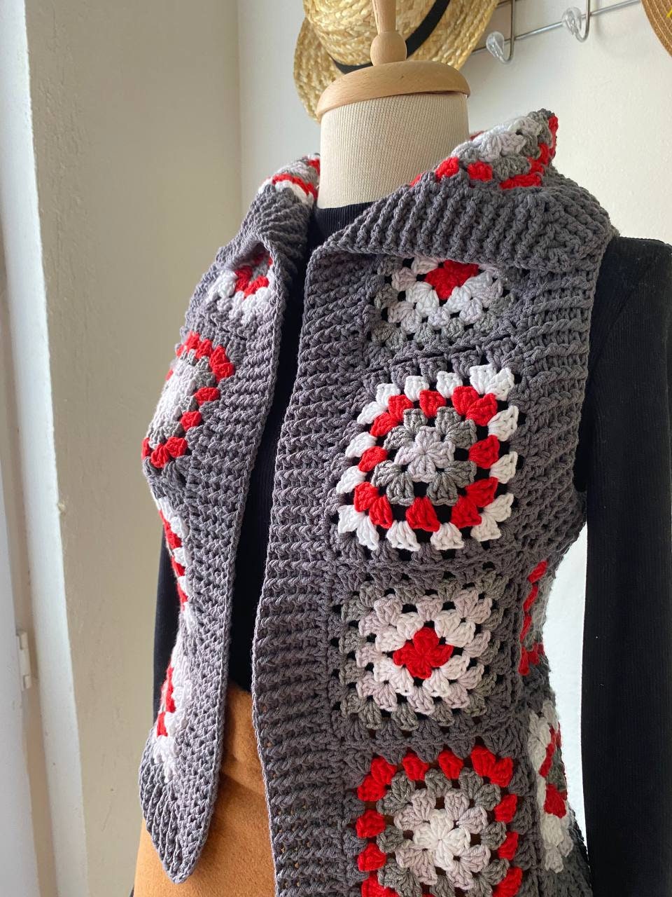 Gray Crochet Jacket, Knitted Granny Square Sweater, Knit Patchwork Coat, Knitted Crochet Jacket, Boho Cardigan, Women Dress