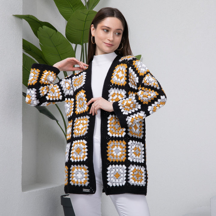 Black Crochet Cardigan, Grannysquare Afghan Cardigan, Hnadmade Crochet, Knitted Crochet Coat, Cotton Cardigan, Crochet