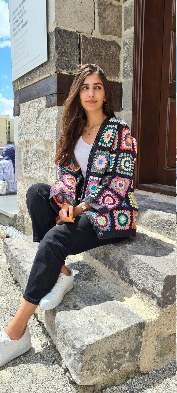 Black Crochet Cardigan, Granny Square Afghan Cardigan, Knitted Crochet Coat, Cotton Cardigan, Crochet Jacket,  Long Oversized Sweater