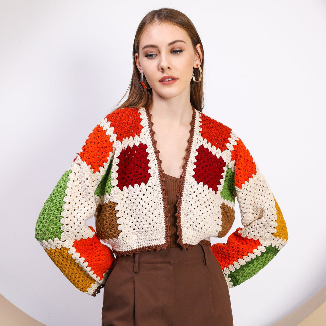 Bohem color Crochet Crop Jacket, Knitted Boho Top, Granny Square Sweater, Valentine's Day gift, Knit Patchwork Jacket