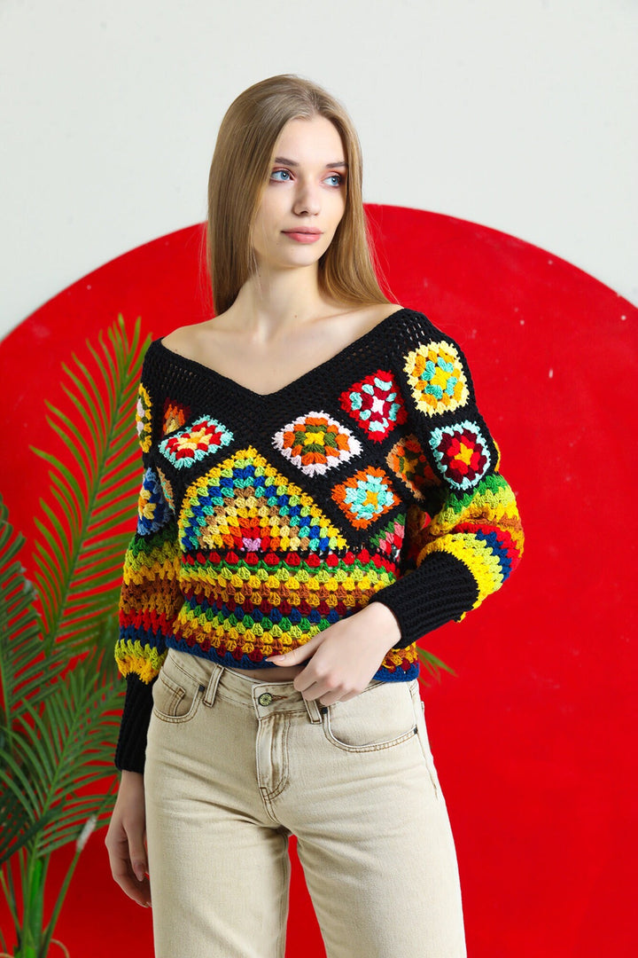 Colorful Knit Sweater, Crochet Granny Square Sweater, Crochet Top, Crochet Sweater for Women, Boho Style Sweater