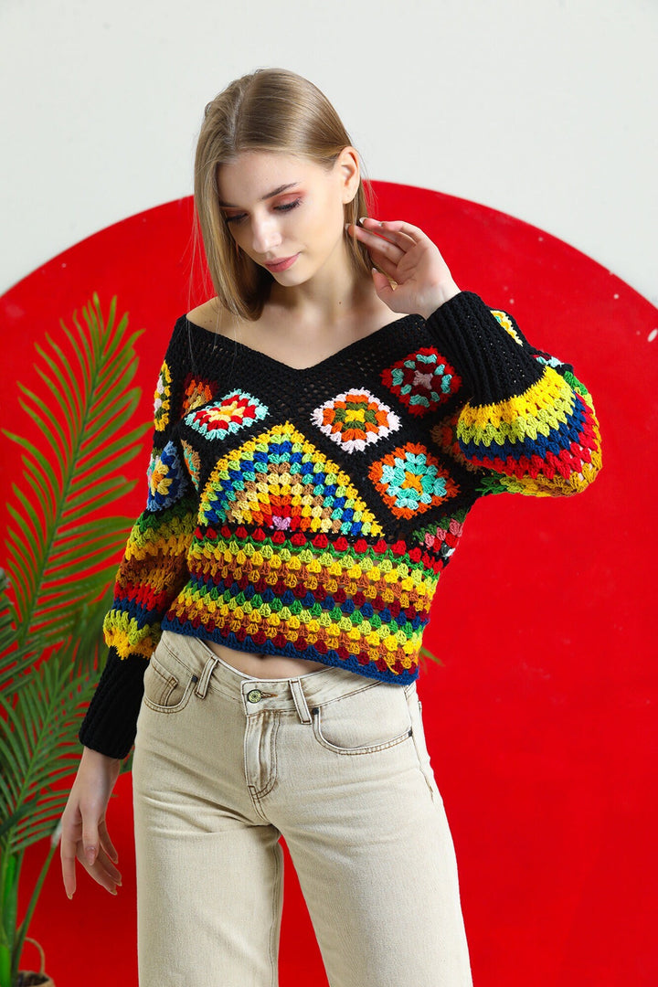 Colorful Knit Sweater, Crochet Granny Square Sweater, Crochet Top, Crochet Sweater for Women, Boho Style Sweater