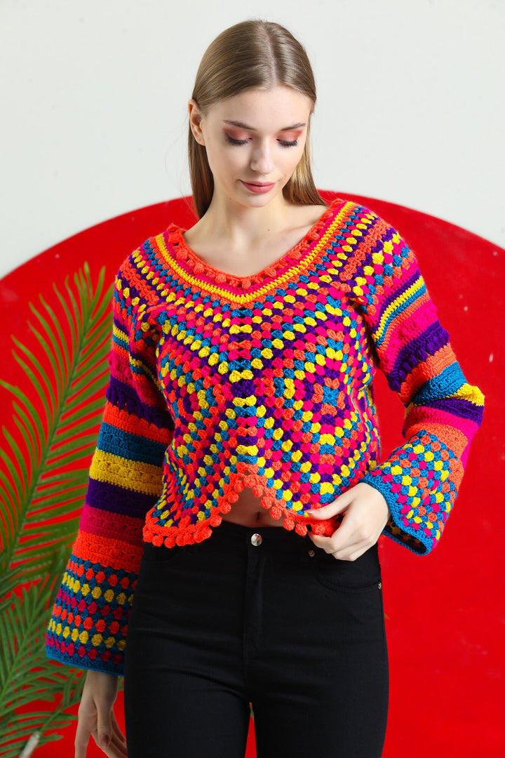 Ready to ship colorful Crochet Sweater, Knitted Granny Square Sweater, Crochet Top, Crochet Sweater for Women, Boho Style Sweater