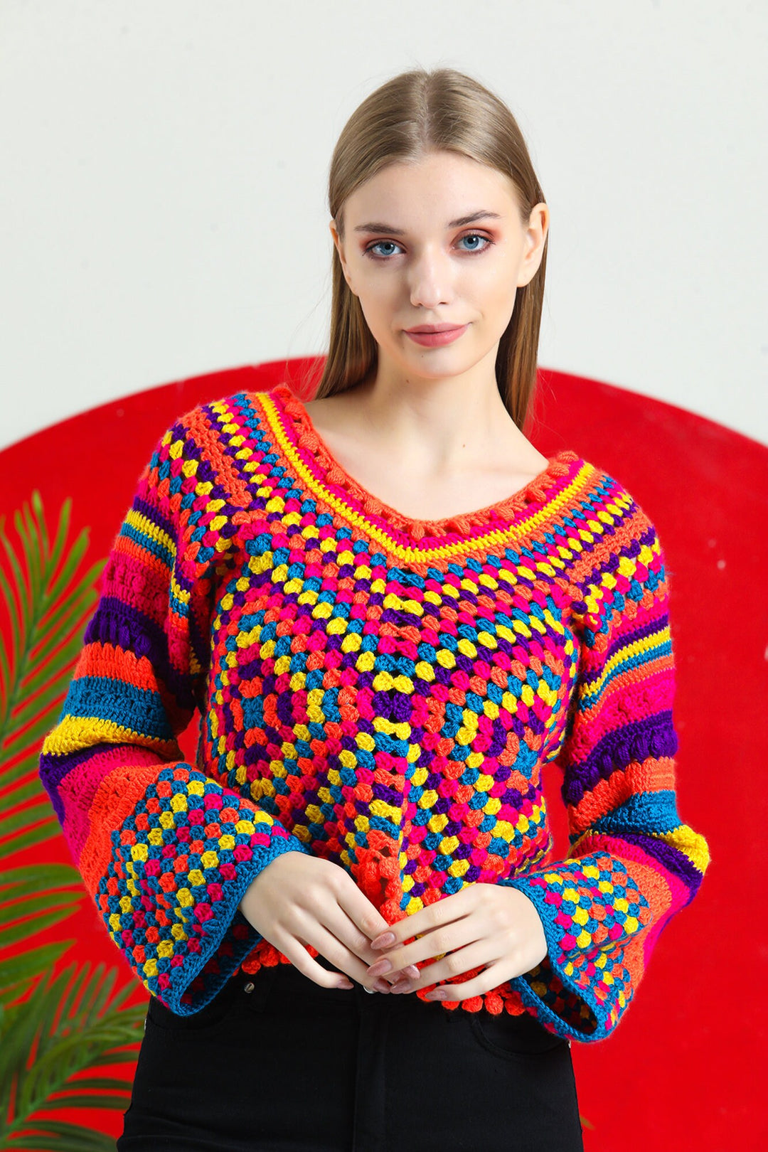 Ready to ship colorful Crochet Sweater, Knitted Granny Square Sweater, Crochet Top, Crochet Sweater for Women, Boho Style Sweater