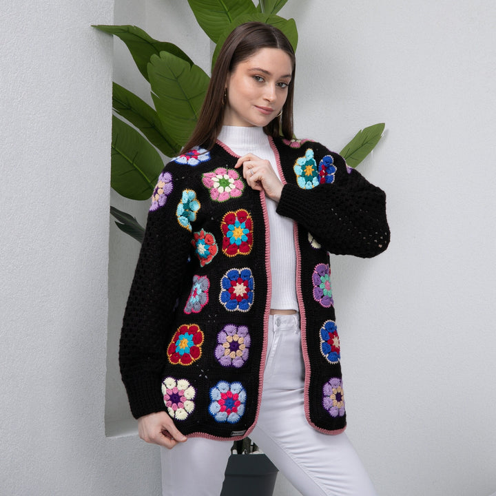 African Flowers Black Crochet Cardigan, Crochet Afghan Cardigan, Granny Square Colorful Jacket, Patchwork Jacket, Knitted Crochet Coat