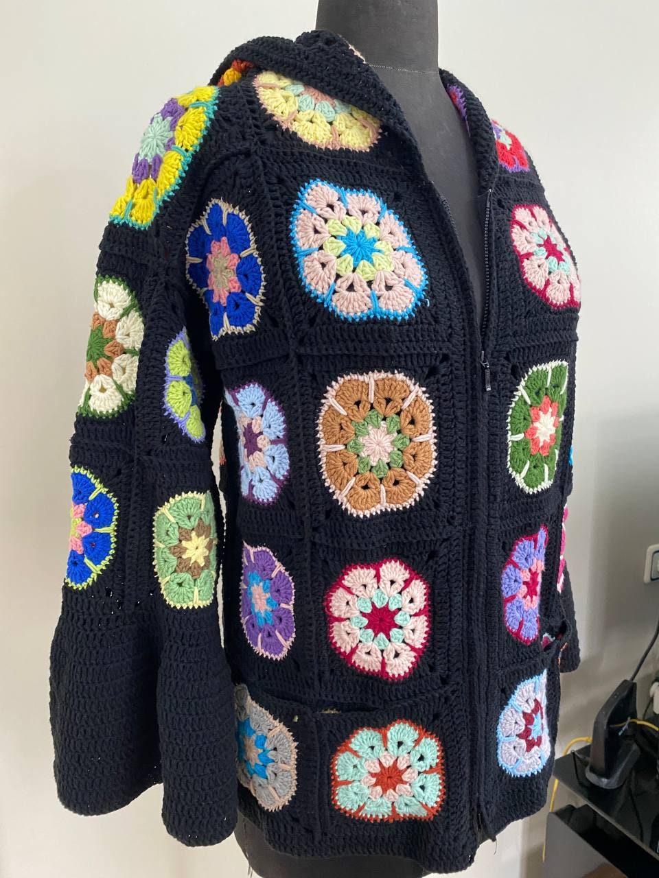 Black African Flowers Cardigan, Crochet Floral Patchwork Jacket, Knitted Crochet Coat, Hooded Jacket, Boho Cardigan, Oversized Sweater