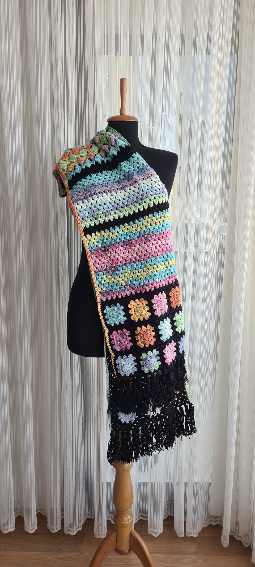 Black Crochet Long Scarf, Patchwork Knitted Scarf, Afghan Women Scarf, Multicolour Scarf, Chrsitmas gift