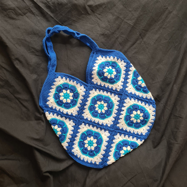 Blue Evil Eye Crochet Purse, Crochet African Flowers Bag, Knitted Summer Bag, Crochet Purse, Oversized Tote Bag, Woman Bag, Gift for Her