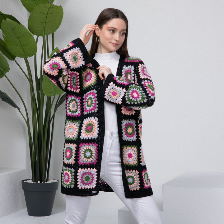 Ready to ship Knitted Black Woman Jacket, Granny Square Afghan Jacket, Handmade Crochet Cardigan, Crochet Coat, Cotton Cardigan