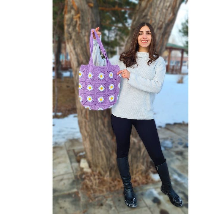 Crochet Lilac Daisy Bag, Knit Flower Bag, Crochet Purse, Shoulder Bag, Women Bag, Market Bag, Shopping Bag