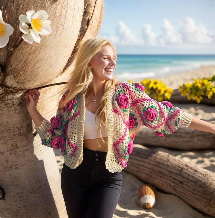 Crochet Rose woman Jacket, Knitted daisy Jacket, Granny Square Sweater, Knit Patchwork Coat, Knitted Crochet Cardigan, Boho Cardigan