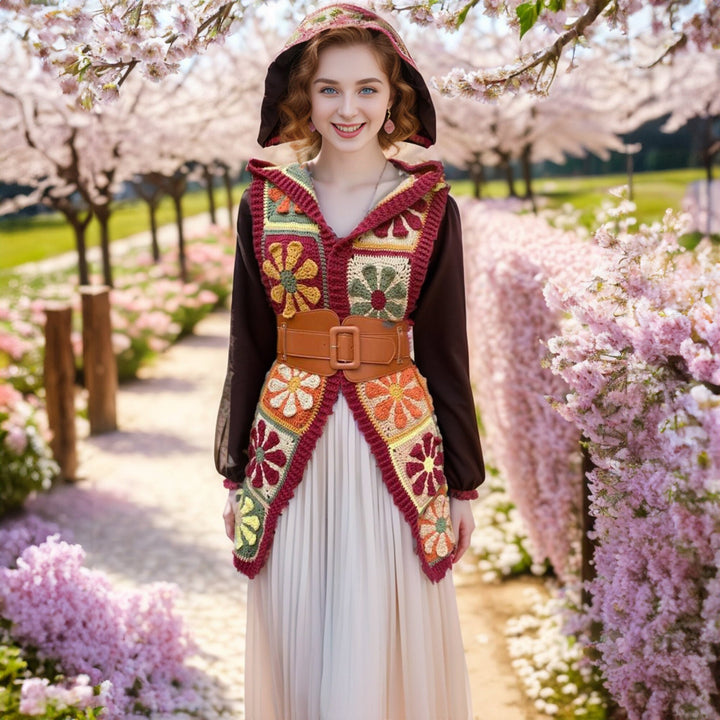 Red Crochet Floral Waistcoat Tunic, Crochet Daisy Vest, Granny square Knit Cotton Patchwork Coat, Women Jacket, Christmas Gift