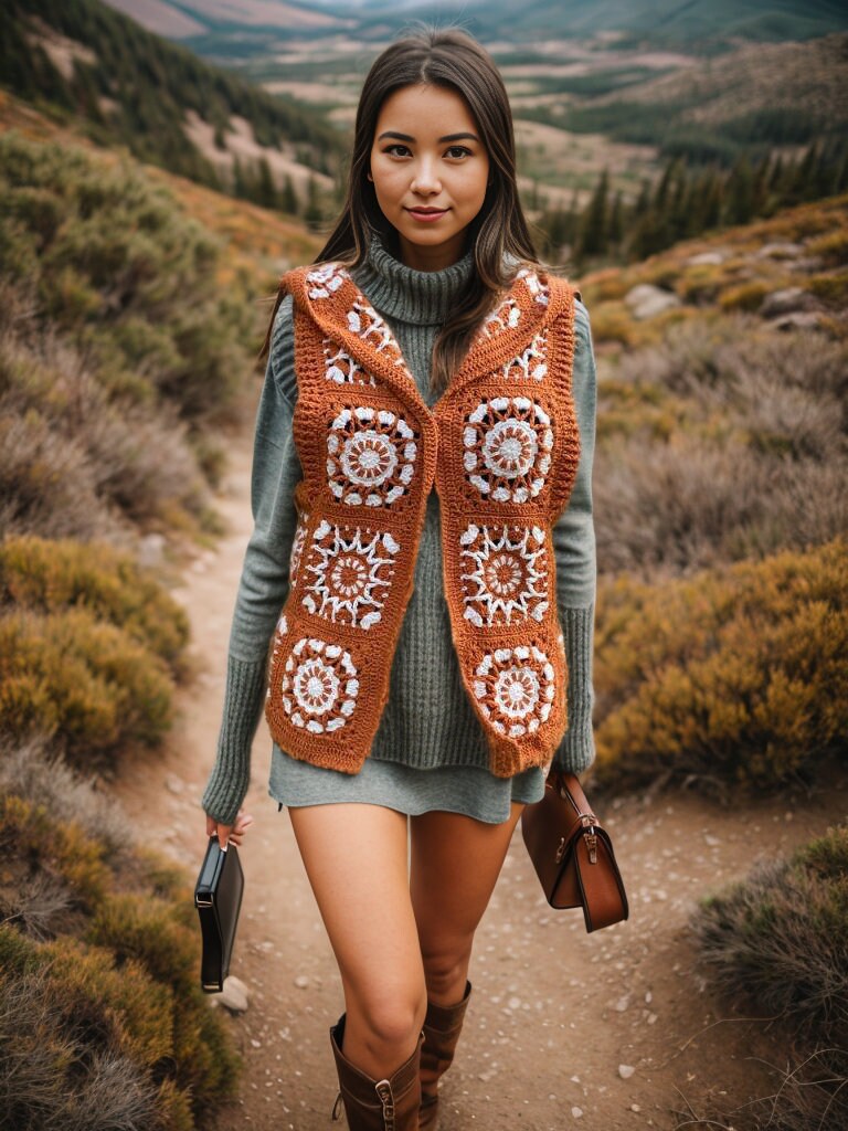 Caramel Crochet Floral Waistcoat Tunic, Knitted Daisy Jacket, Granny square Knit Cotton Patchwork Coat, Women Jacket, Christmas Gift