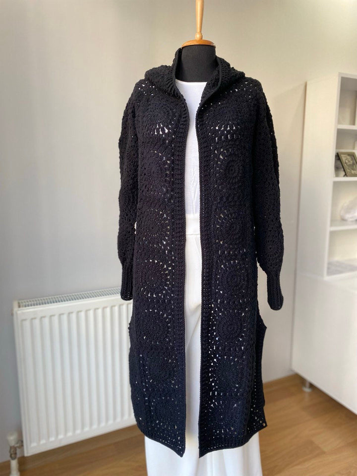 Black Knitted Woman Cardigan, Grannysquare Afghan Cardigan, Crochet Cotton Coat, Hooded Jacket, Boho Cardigan, Long Oversized Sweater