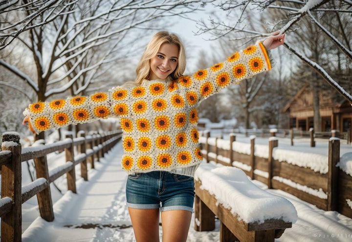 Beige Sunflower Granny Square Cotton Sweater, Knitted Afghan Sweater, Knit Cotton Patchwork Sweater, Boho Style Hippie Festival top