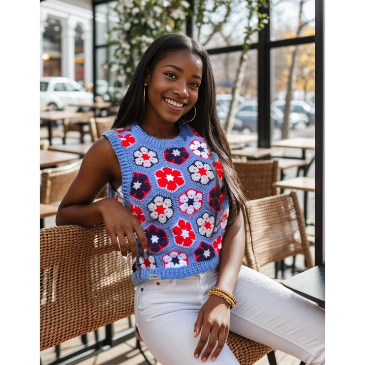 Blue Daisy Crochet Vests, Knitted Festival Vest, Granny Square Boho Top, Knitted Patchwork Sweater, African flowers vest, Boho Style