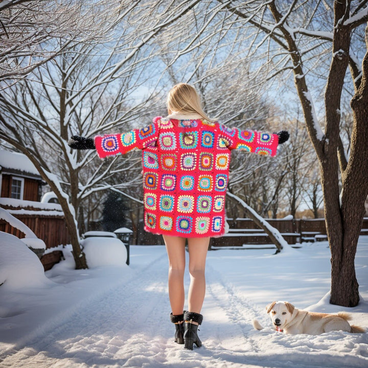 Ready to ship Granny square afghan cardigan, Pink Crochet afghan sweater, Patchwork cardigan, knitted cardigan