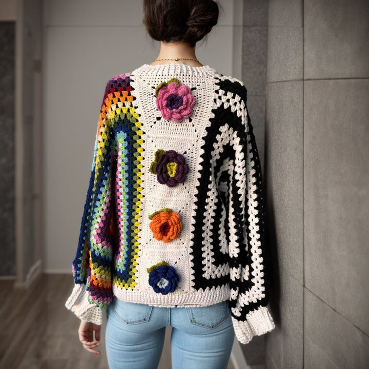 Crochet Flowers Patchwork Jacket, Daisy Afghan Cardigan, Knitted Crochet Sweater, Festival Jacket, Woman Oversized Cardigan