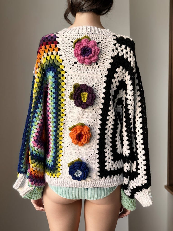 Crochet Flowers Patchwork Jacket, Daisy Afghan Cardigan, Knitted Crochet Sweater, Festival Jacket, Woman Oversized Cardigan