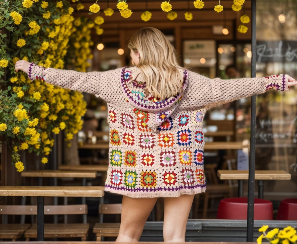 Ready to ship Pink Knitted Granny Square Cardigan, Crochet cardigan, Crochet Women Cotton Afghan Coat, Knit Jacket, Boho Crochet Jacket