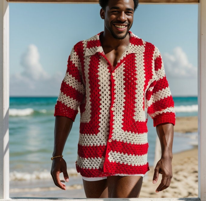 Ready to ship Black Knitted Beach Shirt, Crochet summer Men shirt, Hippi Style Shirt, Crochet Vintage Style Men Shirt, Crochet sweater Men