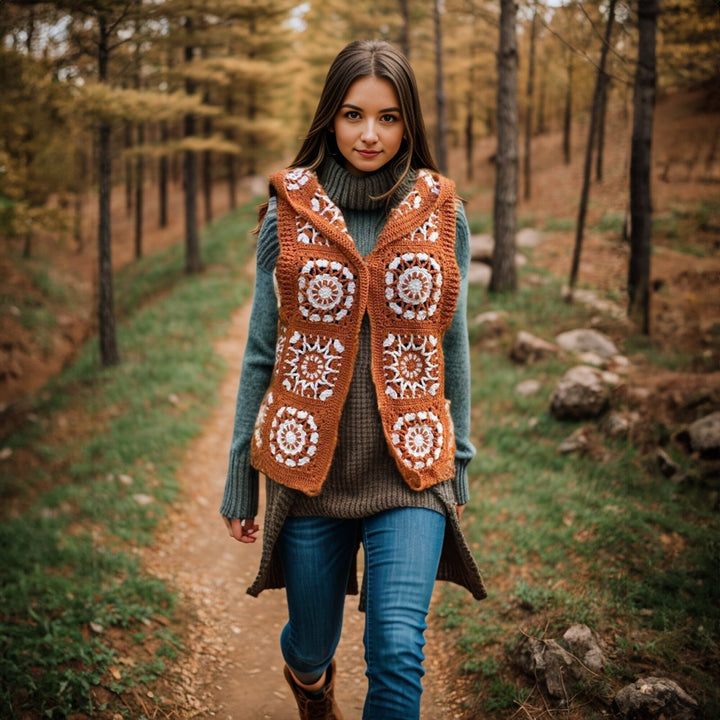 Caramel Crochet Floral Waistcoat Tunic, Knitted Daisy Jacket, Granny square Knit Cotton Patchwork Coat, Women Jacket, Christmas Gift