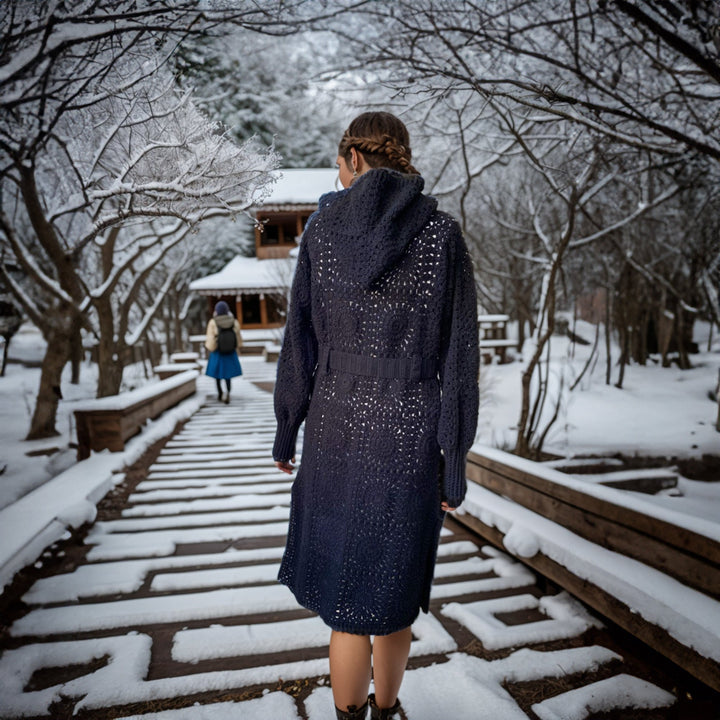 Black Knitted Woman Cardigan, Grannysquare Afghan Cardigan, Crochet Cotton Coat, Hooded Jacket, Boho Cardigan, Long Oversized Sweater