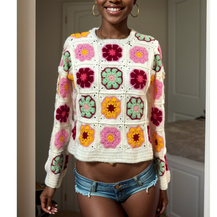 White Crochet African Flower Sweater, Crochet Daisy Top, Knit Granny Square, Sweater for Women, Patchwork Knit Sweater, Hippie Sweater