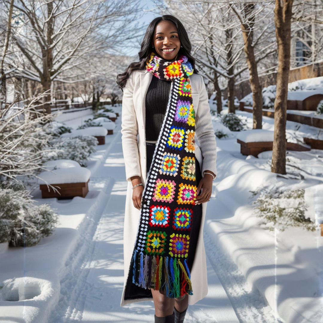 Black Knitted Granny square Long Scarf, Crochet Black Scarf, Afghan Women Scarf, Multicolour Scarf, Valentine's Day gift