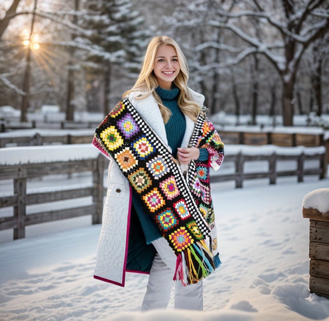 Black Knitted Granny square Long Scarf, Crochet Black Scarf, Afghan Women Scarf, Multicolour Scarf, Valentine's Day gift