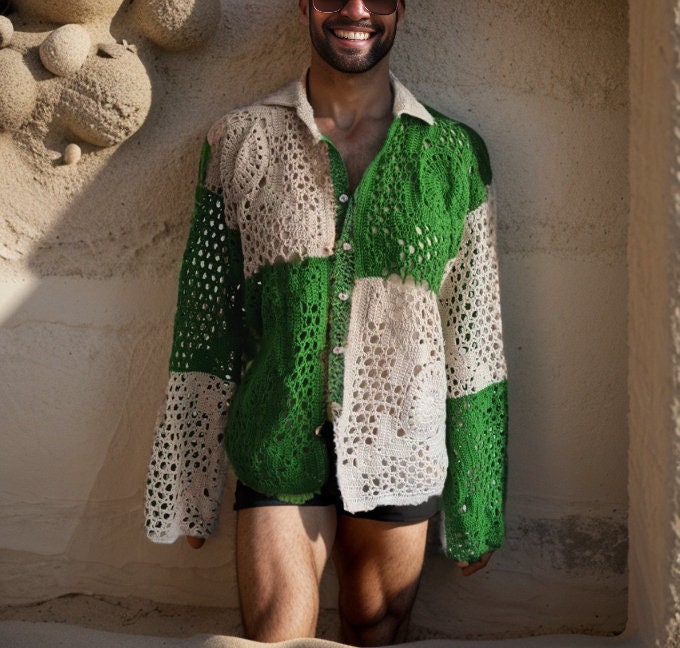 Ready to ship Green Knitted Shirt, Crochet summer Unisex shirt, Handmade Hippi Boho Shirt, Crochet Vintage Style Men Shirt, Crochet Cardigan