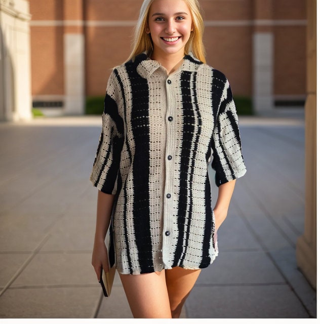 Ready to ship Black and white Crochet Woman Shirt, Knitted Unisex Shirt, Crochet summer beach shirt, Crochet Vintage Style