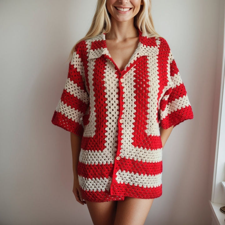 Ready to ship Red Crochet Woman Shirt, Crochet Overshirt, Crochet Multicolor Shirt, Knitted Shirt for Women, Crochet Beach Shirt