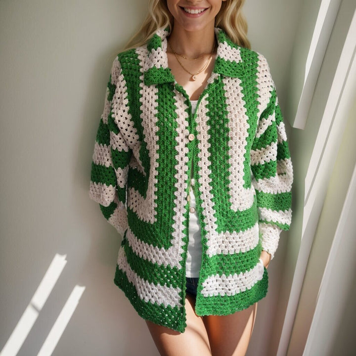 Ready to ship Green Crochet Woman Shirt, Crochet Overshirt, Crochet Multicolor Shirt, Handmade Long Sleeve Shirt, Crochet Cardigan