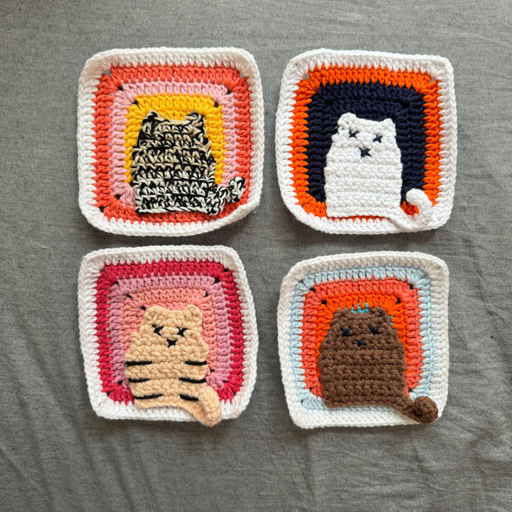 Colorful Cat Pattern Knitting Motif, Knitted Cat Many Cats Square, crochet cat squares kit, cat motifs, crochet motif kit