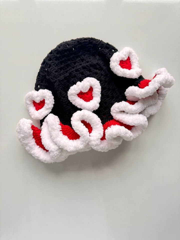 Crochet heart motif bucket hat, Valentina Day's Gift, knitted heart love hat, hippi hat, festival hat, winter hat, knitted hat, gift her