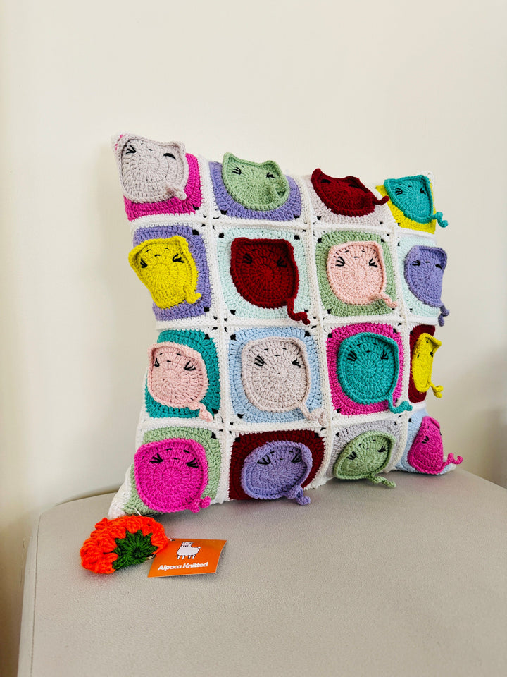 Ready to Ship Crochet Cat Figured Pillowcase, Knitted Cats Square Cushion Cover, Cats Patchwork Throw Pillow, Crochet Pillow Cover