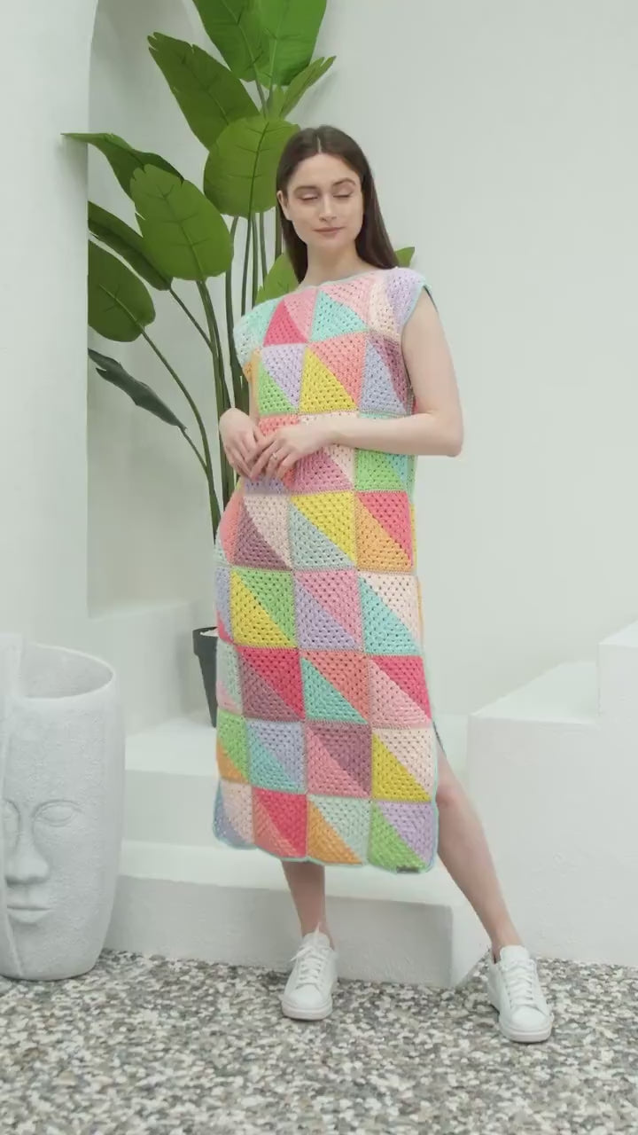 Colorful Patchwork Long Woman Dress, Knitted Tank Dress Crochet, Rainbow Knit Dress, Woman Knitted Clothes, Cotton Dresses